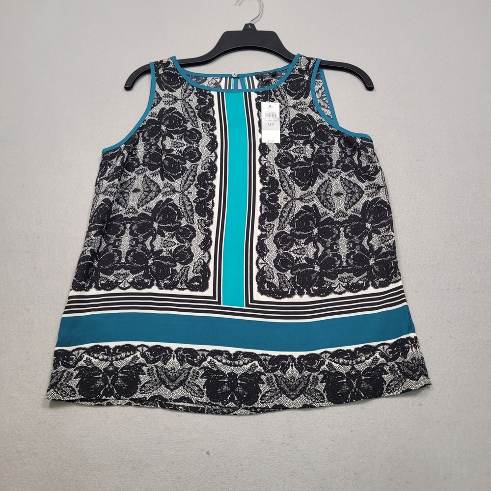 Ann Taylor Petite Floral Lace Print Sleeveless Blouse Teal Black White MP